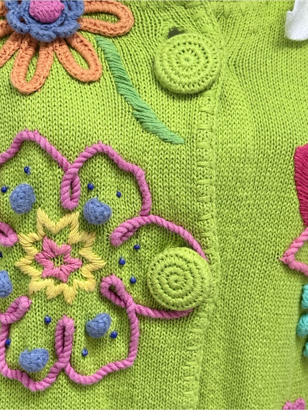 Vintage Cervelle 3D Floral Embroidered Beaded Novelty Cardigan Lime Green M - Picture 10 of 15